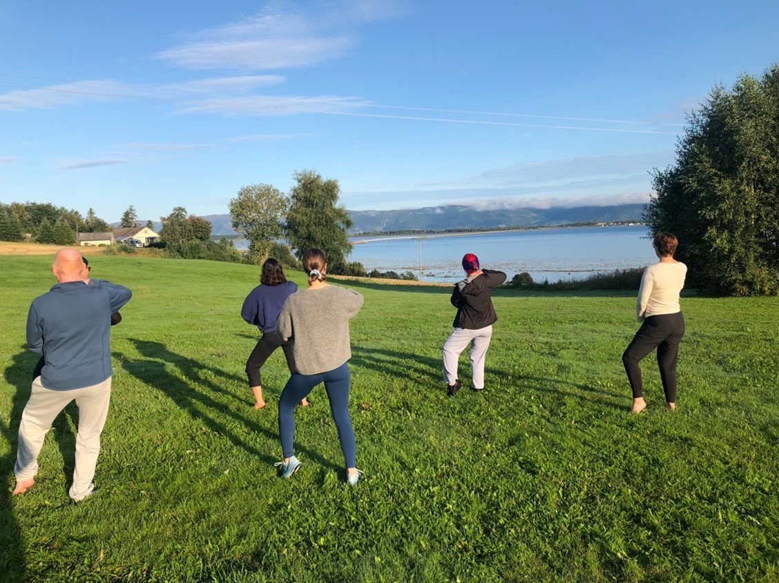 Participants in an RRI course doing something that looks like tai chi in the grass outside on a sunny day. 