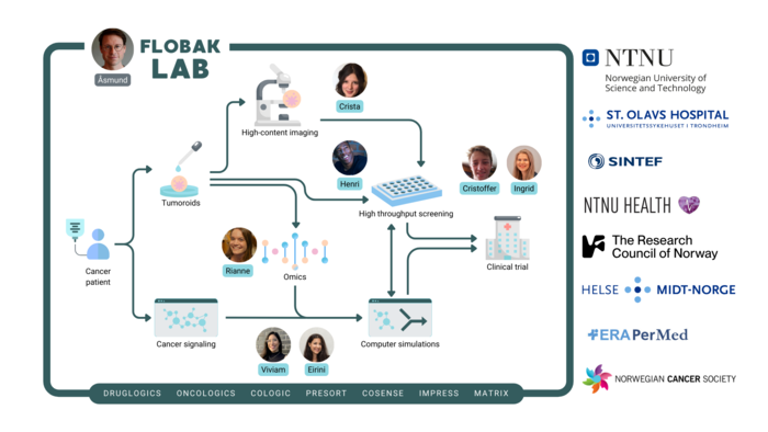 A flow chart of the Flobak Lab and who is doing what, including supporters and funders.