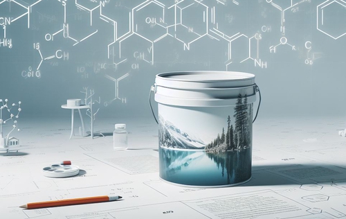 An AI-generated illustration with a paint bucket with a landscape and chemical structures above